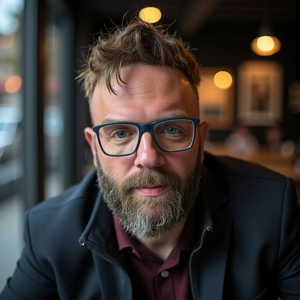 Shawn Sloan, bearded and wearing dark-rimmed glasses and a dark jacket, seated in a softly lit cafe